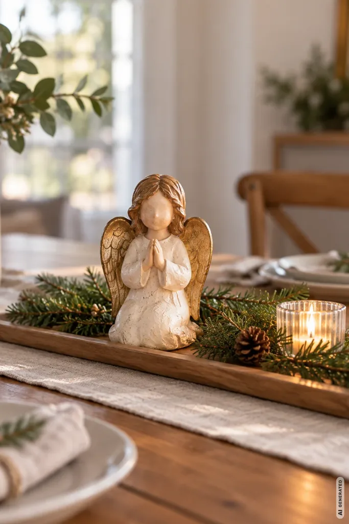 Kleiner betender Weihnachtsengel mit goldenen Flügeln auf einem Holztablett mit Tannenzweigen und Kerzenlicht.