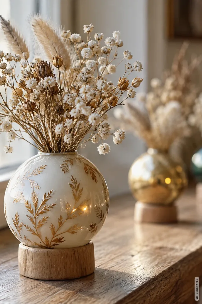 Cremefarbene Weihnachtskugel mit Trockenblumen dient als kleine Vase auf der Fensterbank.