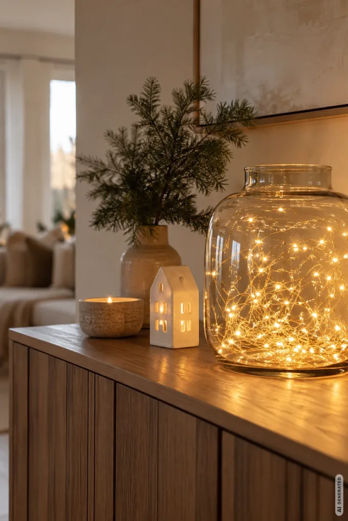 Glasvase mit warmweißer LED-Lichterkette, Keramikhaus und Tannenzweigen auf einem modernen Sideboard.