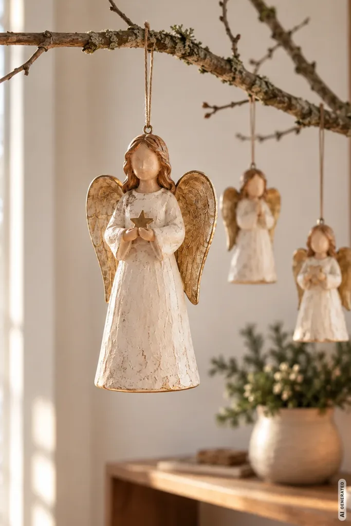 Drei cremefarbene Weihnachtsengel mit goldenen Flügeln hängen an Schnüren von einem rustikalen Zweig.