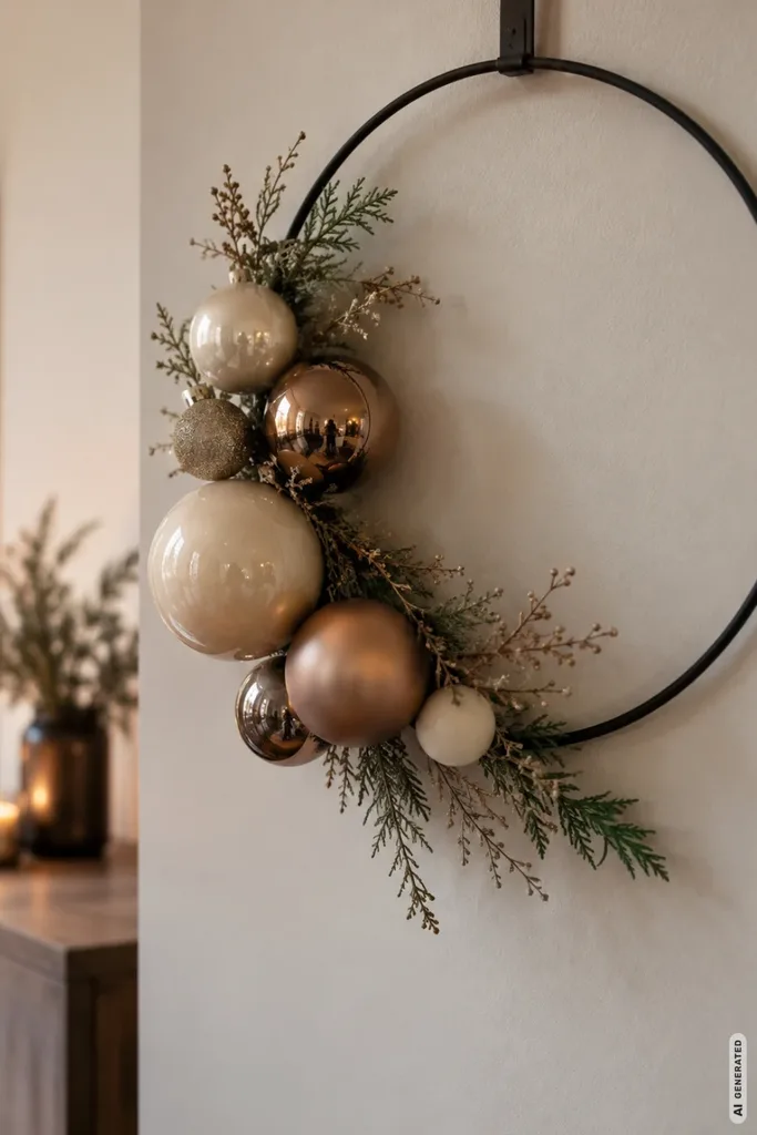 Moderner Weihnachtskranz aus schwarzem Metallring mit goldenen und cremefarbenen Kugeln.
