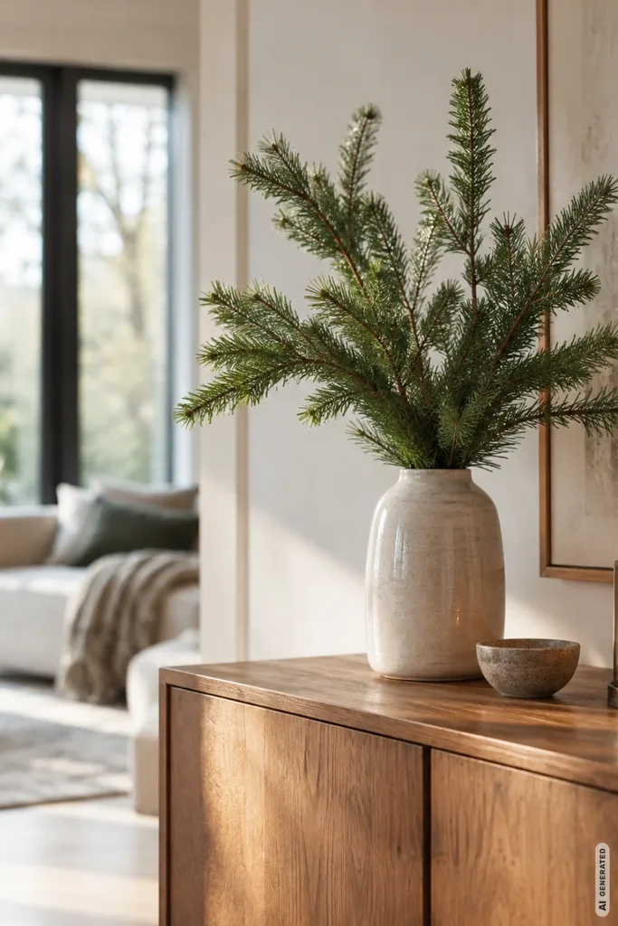 Große Keramikvase mit frischen Tannenzweigen, kleiner Schale und Kerzenlicht auf einem Holzsideboard.