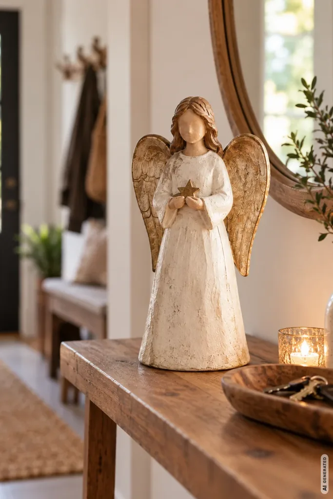Großer cremefarbener Weihnachtsengel mit goldenen Flügeln auf einer Holzkonsole im Flur neben Schlüsselablage und Licht.