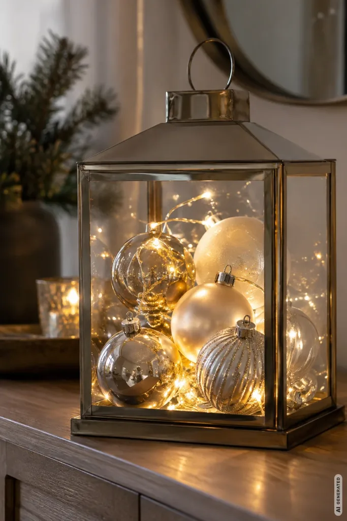 Glaslaterne mit goldenen und silbernen Weihnachtskugeln und warmweißer LED-Lichterkette.