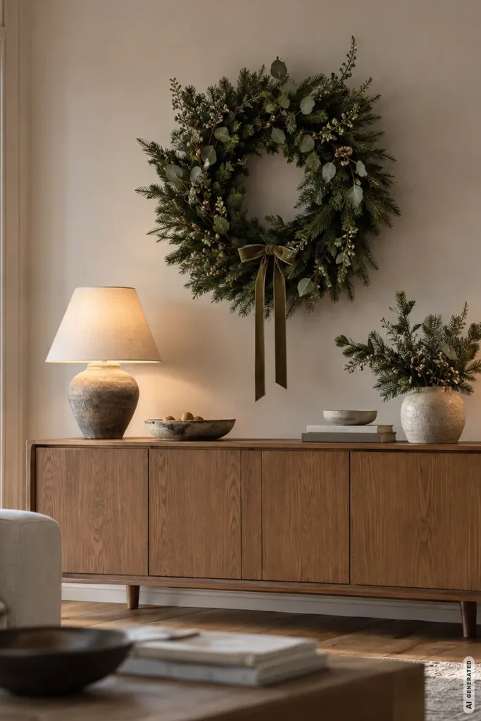 Modernes Holzsideboard mit großem Tannenkranz an der Wand, Keramikvase, Tischlampe und Kerzen.