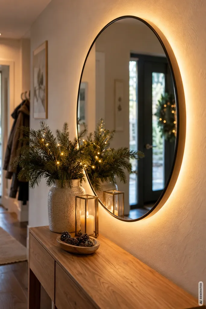 Runder Flurspiegel mit warmweißer LED-Hintergrundbeleuchtung über einer Holzkommode mit weihnachtlicher Dekoration.