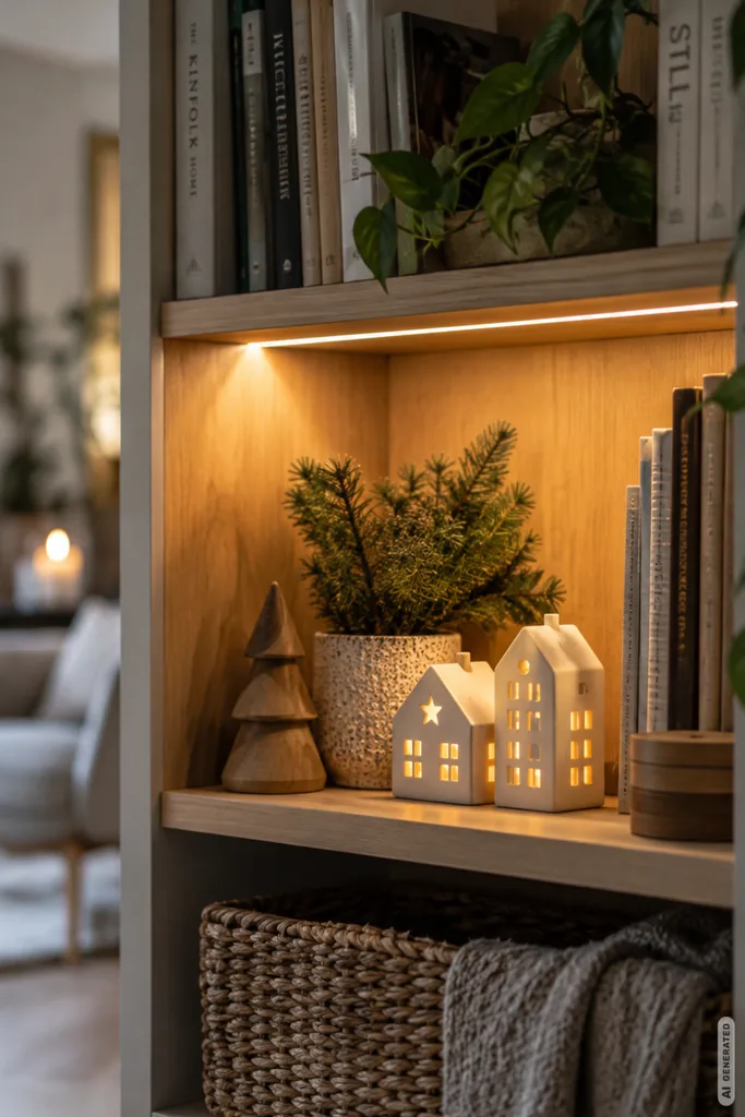 Weihnachtsbeleuchtung im Bücherregal mit warmweißem LED-Licht, leuchtenden Deko-Häusern und weihnachtlichen Zweigen.