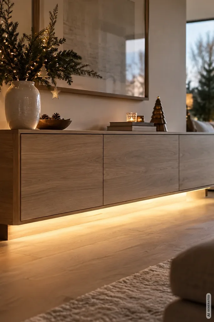 Moderne Holzkommode mit warmweißer LED-Beleuchtung am Boden und dezenter Weihnachtsdeko im Wohnzimmer.