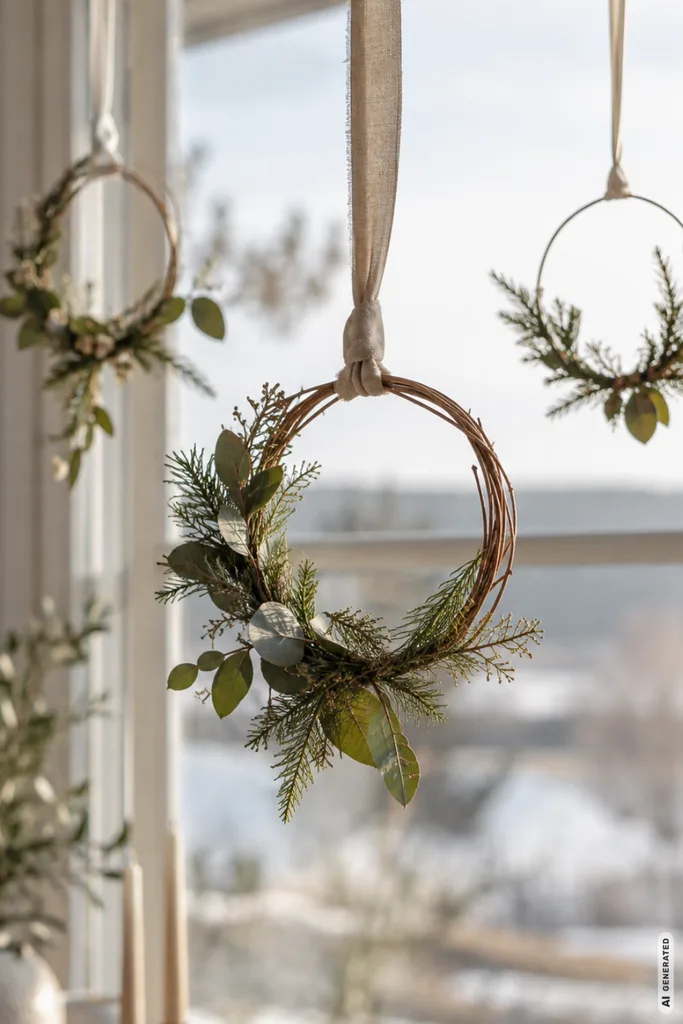 Weihnachtskränze neu gedacht: 5 Ideen, die du so nicht jedes Weihnachten siehst Drei kleine Weihnachtskränze aus Zweigen und Tannengrün hängen in unterschiedlichen Höhen vor einem Fenster.