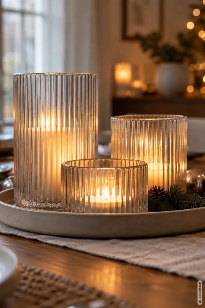 Drei beleuchtete Windlichter aus geriffeltem Glas auf einem Tablett mit Tannengrün auf dem weihnachtlichen Esstisch.