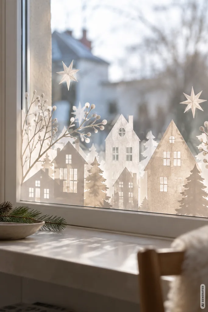 Winterliches Fenster mit durchscheinenden Papierhäusern, Sternen und Tannenbäumen.