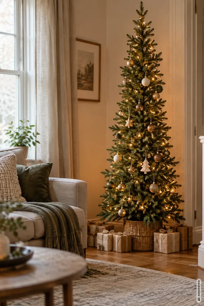 Schmaler geschmückter Weihnachtsbaum mit warmen Lichtern in einer gemütlichen Wohnzimmerecke neben dem Sofa.