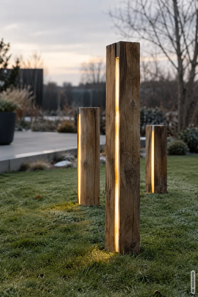 Moderne Weihnachtsdeko für den Garten: 5 Ideen, die du nicht überall siehst Drei unterschiedlich hohe Holzstelen mit warmweißen LED-Lichtstreifen auf einer winterlichen Rasenfläche.