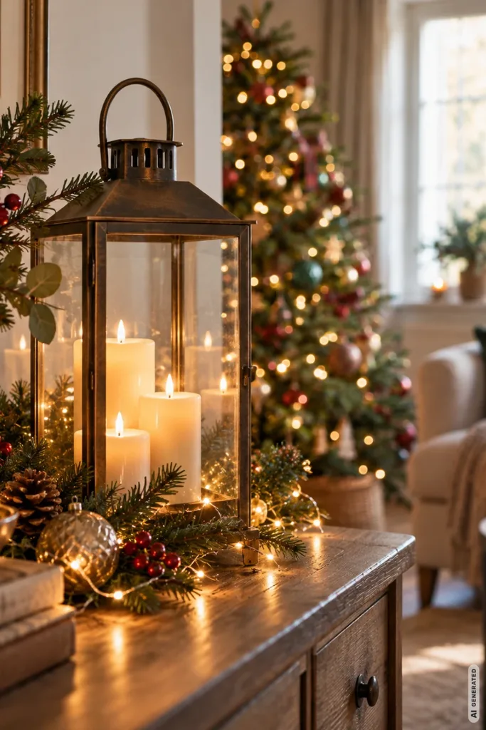 Weihnachtsdeko fürs Wohnzimmer mit leuchtender Laterne, Lichterkette und geschmücktem Weihnachtsbaum.