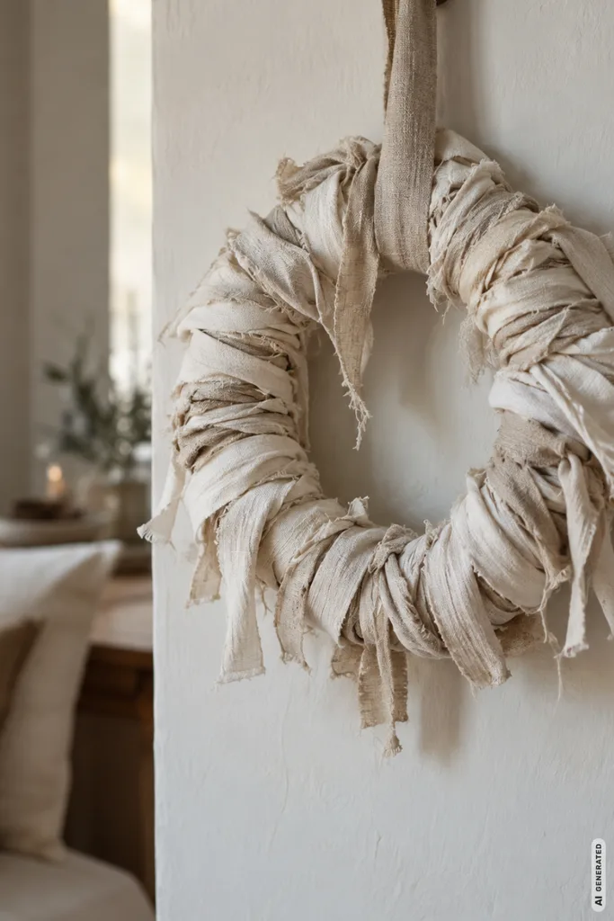 Weihnachtskränze neu gedacht: 5 Ideen, die du so nicht jedes Weihnachten siehst Handgemachter Weihnachtskranz aus naturfarbenen Leinenstreifen und Stoffresten an einer hellen Wand.