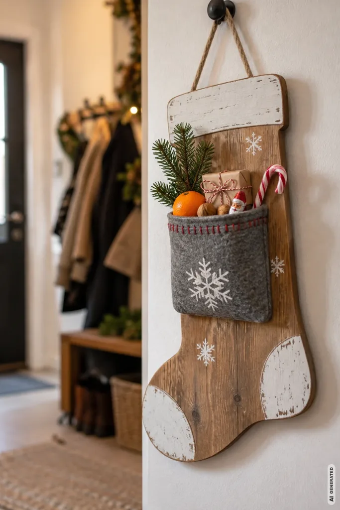 Nikolausstiefel aus Holz mit grauer Filztasche, gefüllt mit Mandarine, Tannengrün und kleinen Geschenken.