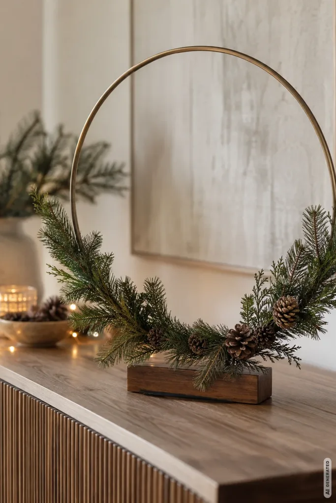 Weihnachtskränze neu gedacht: 5 Ideen, die du so nicht jedes Weihnachten siehst Stehender Weihnachtskranz aus einem Metallring mit Tannenzweigen und Zapfen auf einem Holzsockel am Sideboard.