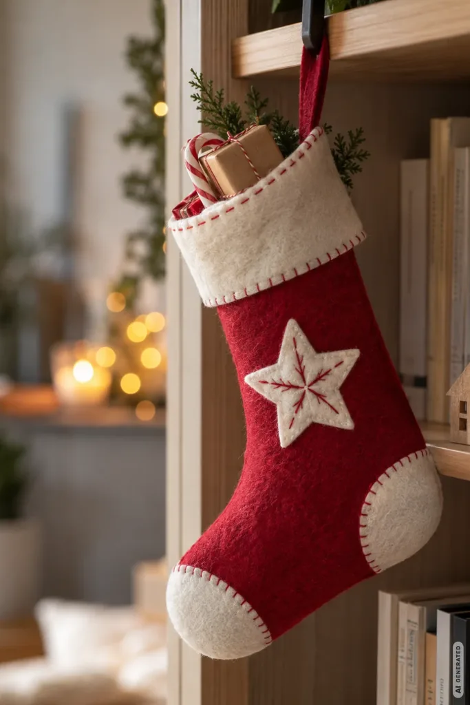 Roter Nikolausstiefel aus Filz mit weißem Rand und Stern, gefüllt mit Geschenken und Tannengrün, hängt am Holzregal.