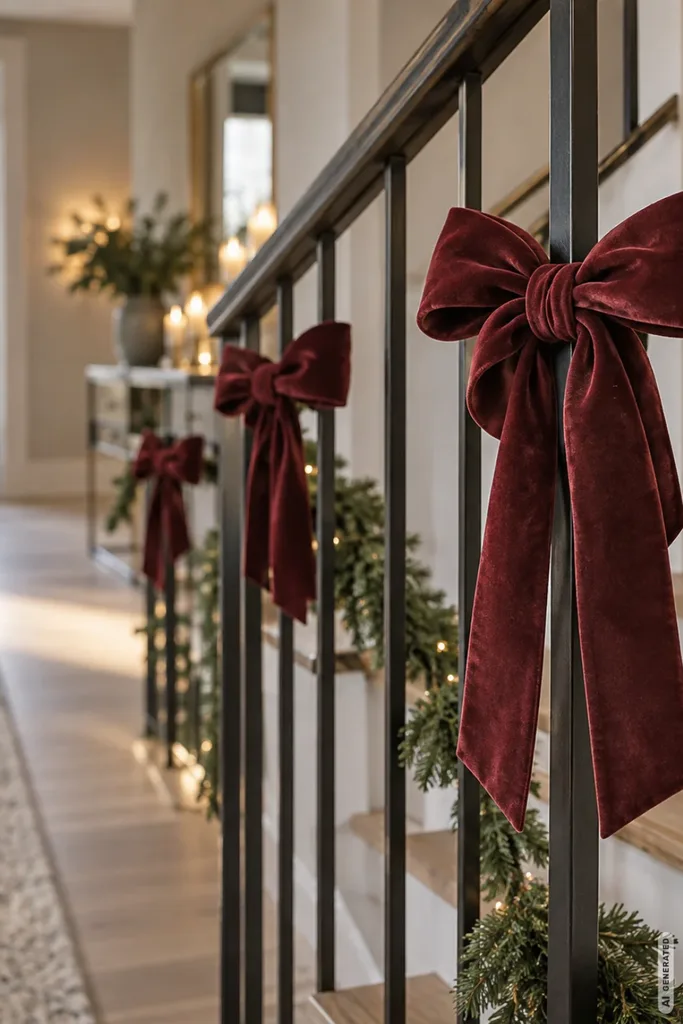 Modernes schwarzes Treppengeländer mit großen dunkelroten Samtschleifen und dezenter Weihnachtsdekoration.