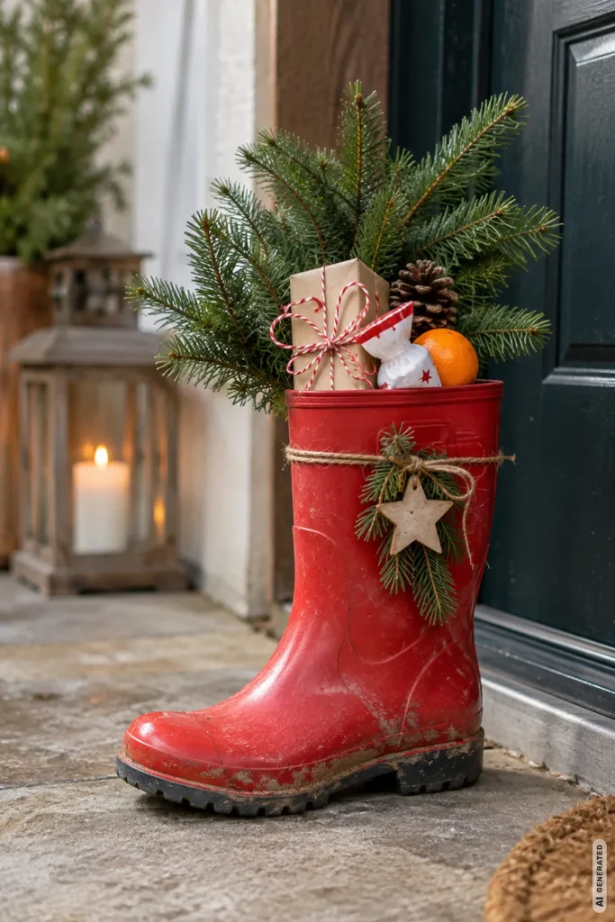 Alter roter Gummistiefel mit Tannenzweigen, Nikolausgeschenken und Mandarine vor einer Haustür.