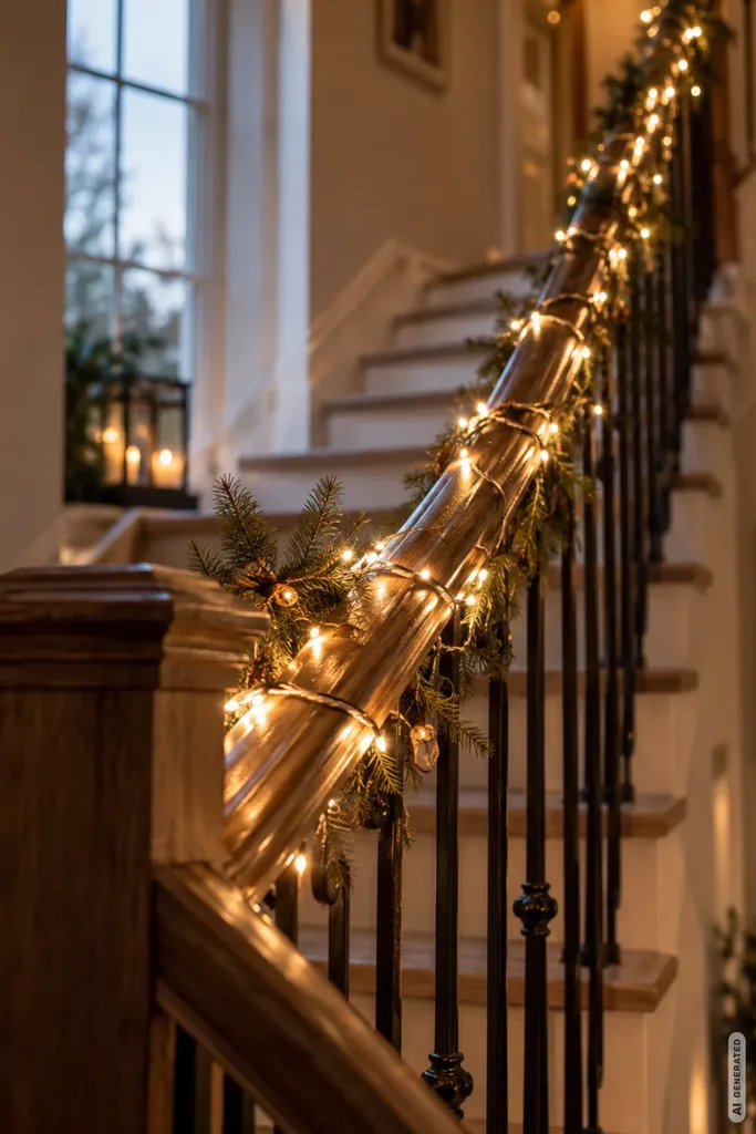 Hölzernes Treppengeländer mit warmweißer LED-Lichterkette und Tannenzweigen im gemütlichen Treppenhaus.