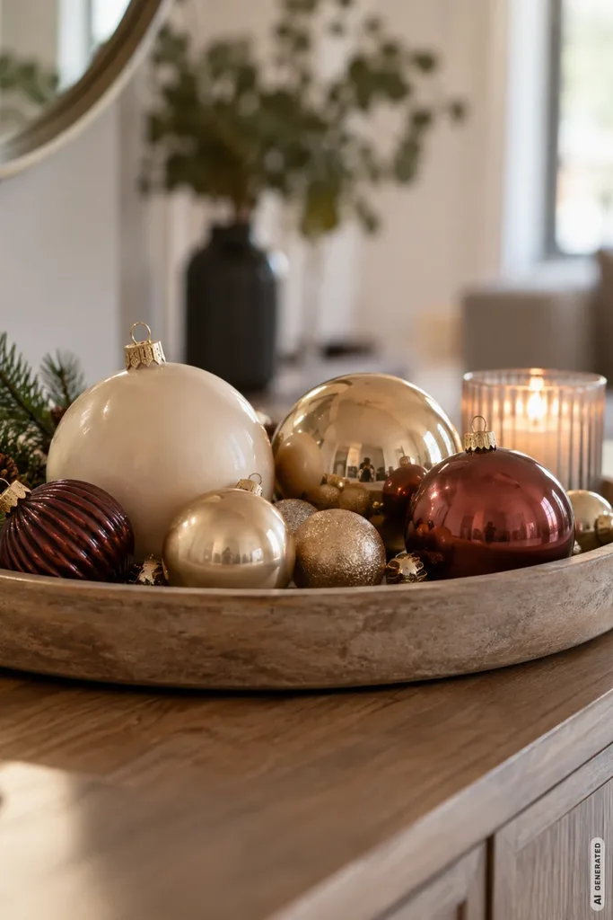 Weihnachtskugeln in Creme, Gold und Bordeaux liegen mit Tannenzweigen auf einem Holztablett.