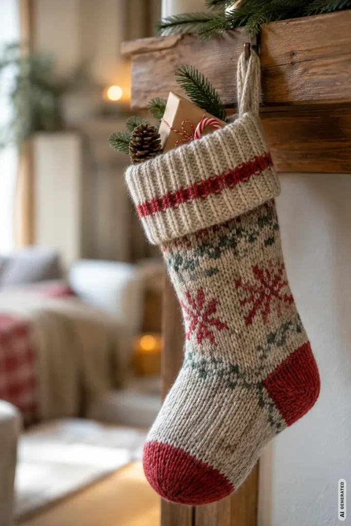 Selbst gemachter Nikolausstiefel aus gestricktem Wollstoff mit roten Mustern und kleinen Geschenken am Holzkamin.