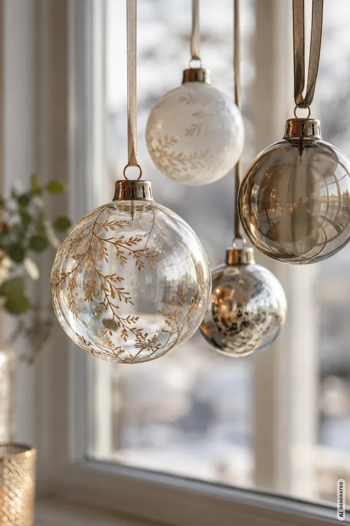 Transparente und silberne Weihnachtskugeln hängen an schmalen Bändern vor einem hellen Fenster.