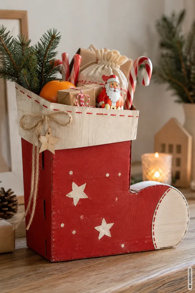 Selbst gebastelter roter Nikolausstiefel aus einem Schuhkarton, gefüllt mit Süßigkeiten, Geschenken und Tannenzweigen.
