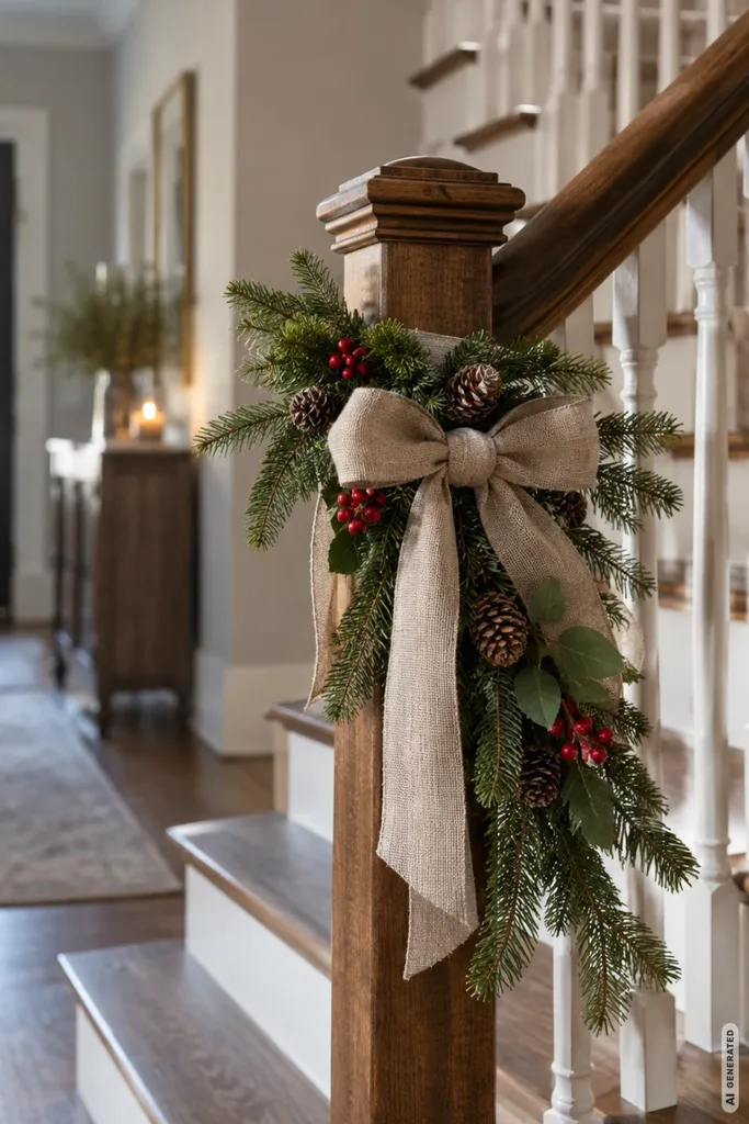 Hölzerner Treppenpfosten mit Tannenzweigen, beiger Stoffschleife, Zapfen und roten Beeren weihnachtlich dekoriert.