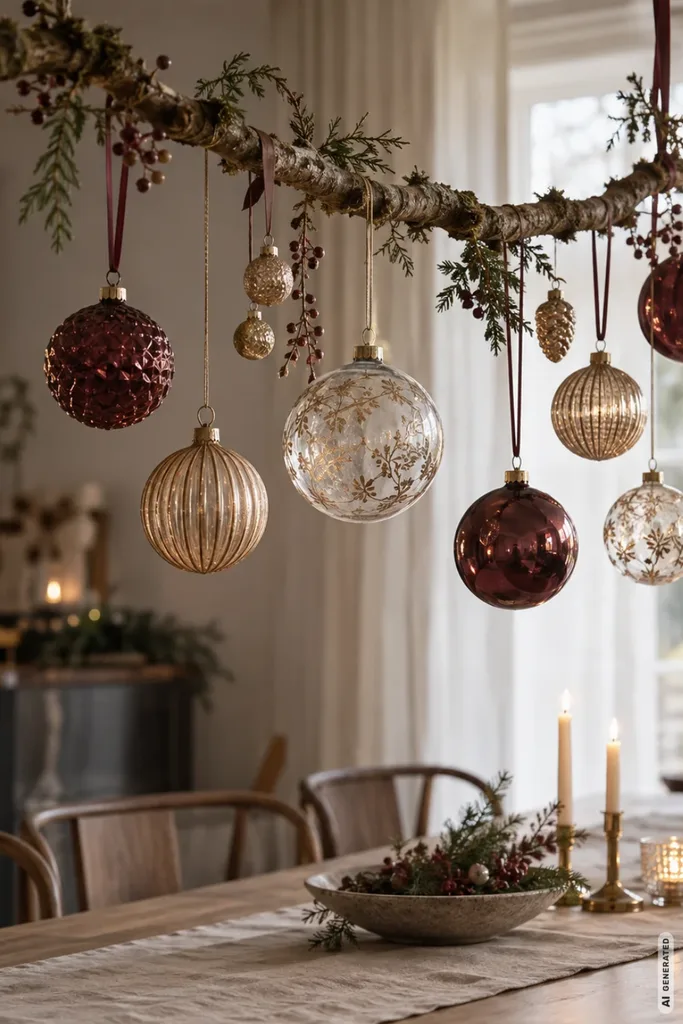 Goldene, rote und transparente Weihnachtskugeln hängen an einem natürlichen Ast über dem Esstisch.