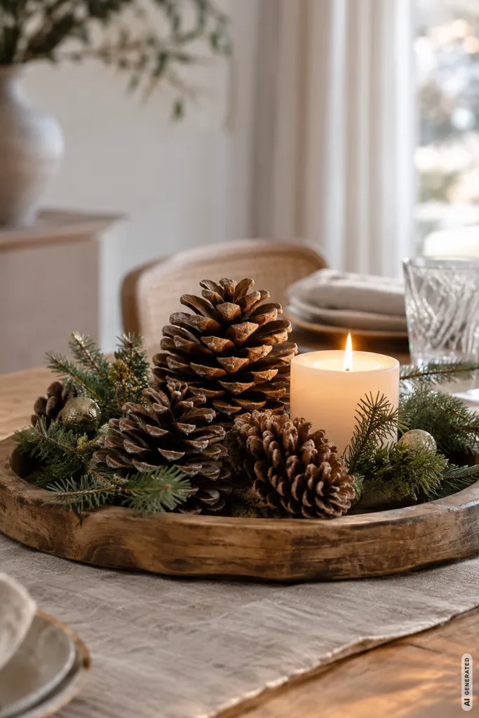 Weihnachtliche Tischdekoration mit Tannenzapfen, Tannengrün und cremefarbener Kerze auf einem runden Holztablett.