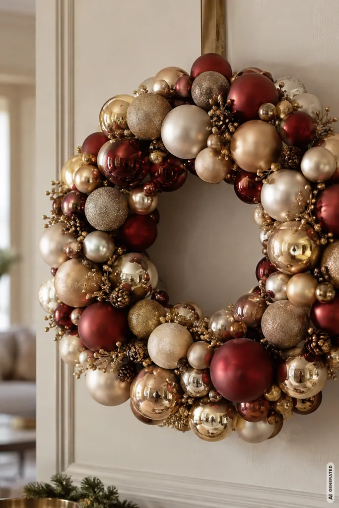 Großer Weihnachtskranz aus roten, goldenen und cremefarbenen Weihnachtskugeln hängt an einer hellen Wand.