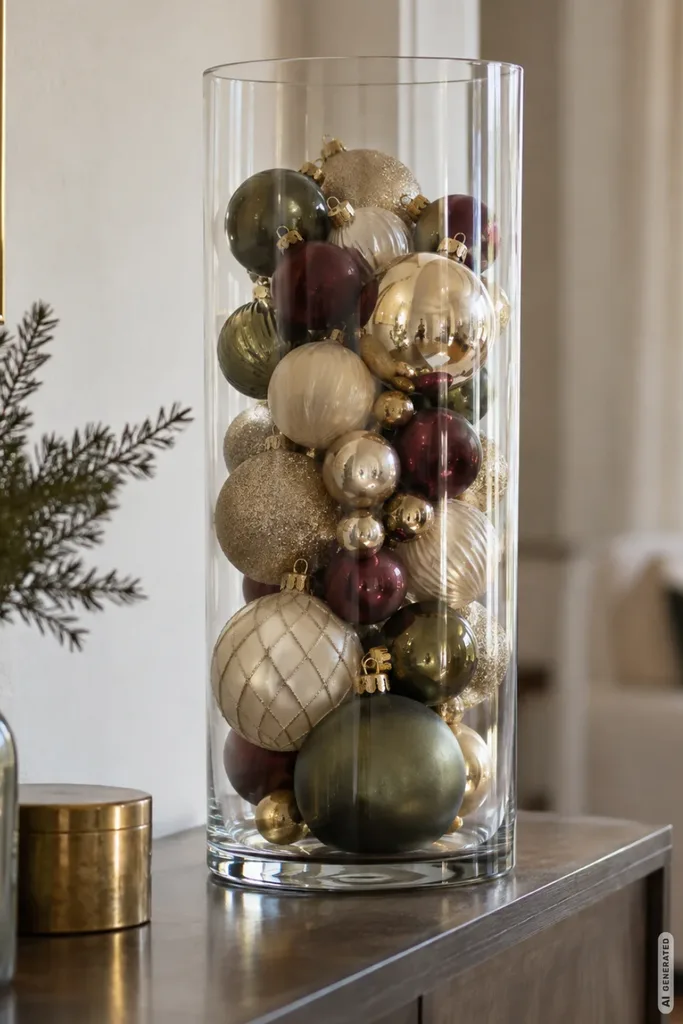 Hohe transparente Glasvase mit Weihnachtskugeln in Gold, Creme, Dunkelgrün und Bordeaux auf einer Kommode.