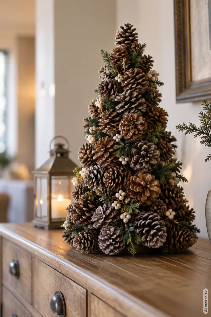 Selbst gebastelter Weihnachtsbaum aus Tannenzapfen mit Tannengrün auf einer Holzkommode neben einer Laterne.