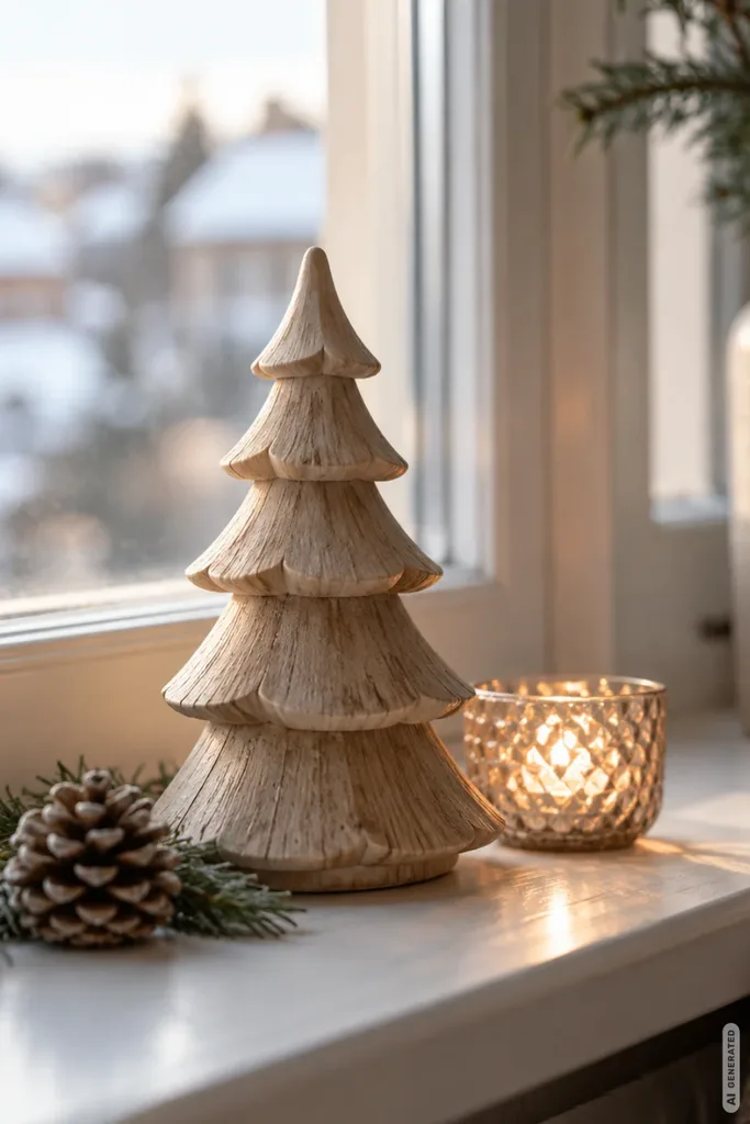 Weihnachtsdeko für die Fensterbank: 5 Ideen, die den Blick nach draußen nicht stören Weihnachtsdeko für die Fensterbank mit Holzbaum, Kerzenlicht und Tannenzweigen.