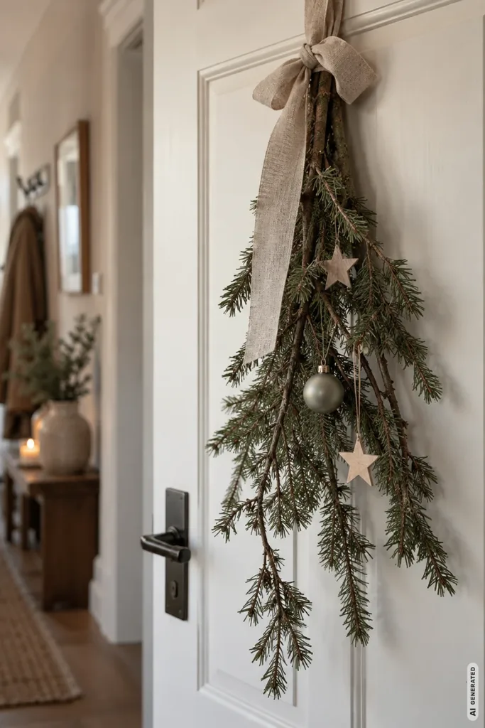 Weihnachtlicher Türschmuck aus Tannenzweigen mit Holzsternen, Christbaumkugel und Leinenschleife.