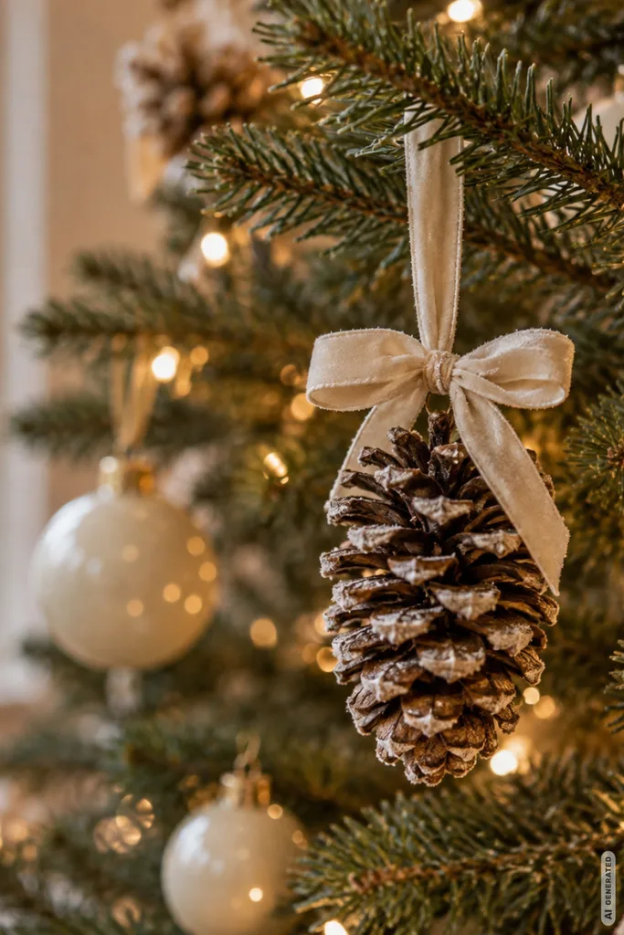 Tannenzapfen mit cremefarbener Stoffschleife hängt am Weihnachtsbaum zwischen warmweißen Lichtern und hellen Kugeln.