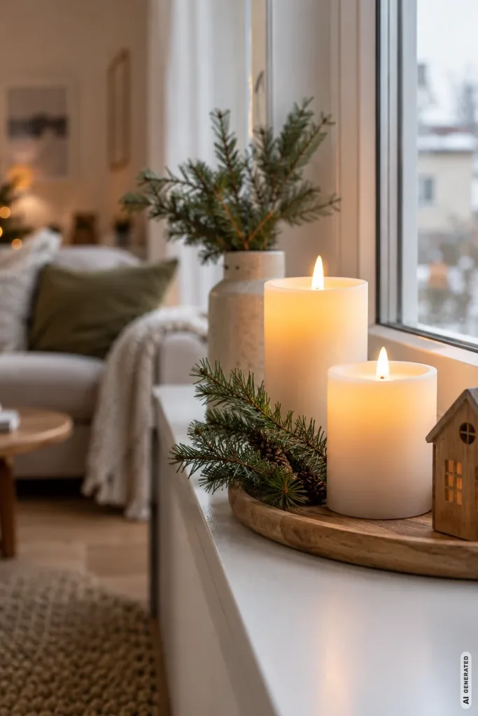 Weihnachtliche Fensterbank mit zwei leuchtenden Kerzen, Tannenzweigen und kleinem Holzhaus im Wohnzimmer.
