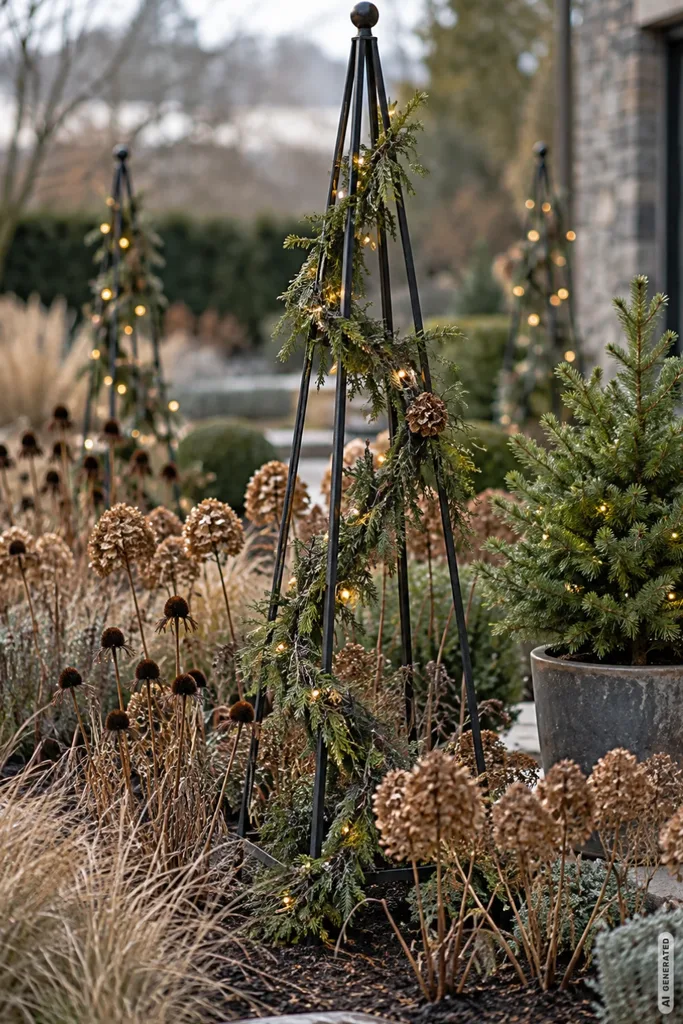 Moderne Weihnachtsdeko für den Garten: 5 Ideen, die du nicht überall siehst Schwarze Metallpyramiden mit Tannengrün und Lichterketten zwischen vertrockneten Stauden im winterlichen Gartenbeet.