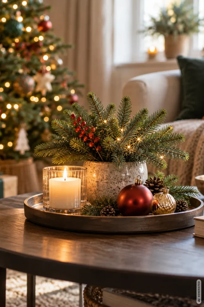 Weihnachtsdeko fürs Wohnzimmer mit Holztablett, Kerze, Tannenzweigen und Weihnachtskugeln auf dem Couchtisch.