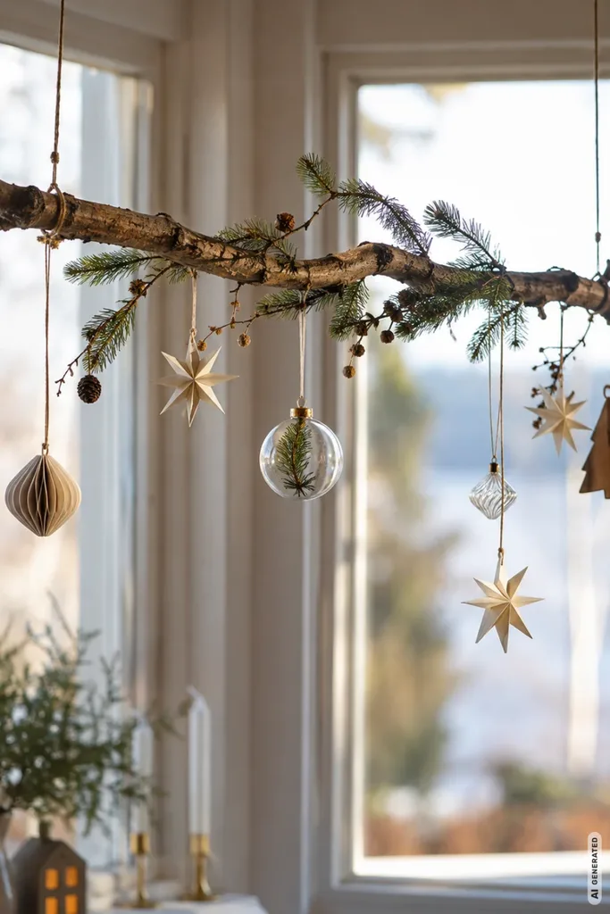 Waagerecht aufgehängter Zweig am Fenster mit Papiersternen, Glaskugeln und weihnachtlichen Holzanhängern.