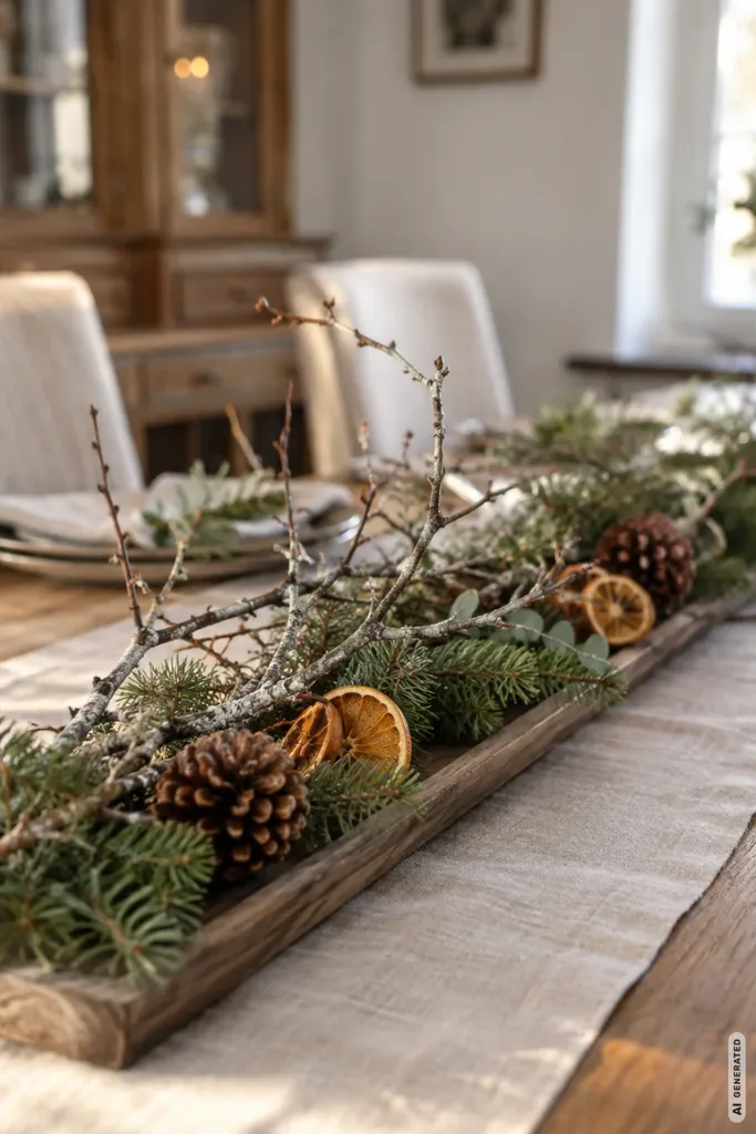 Weihnachtsdeko aus Zweigen, Tannengrün, Tannenzapfen und getrockneten Orangenscheiben auf einem Holztablett.