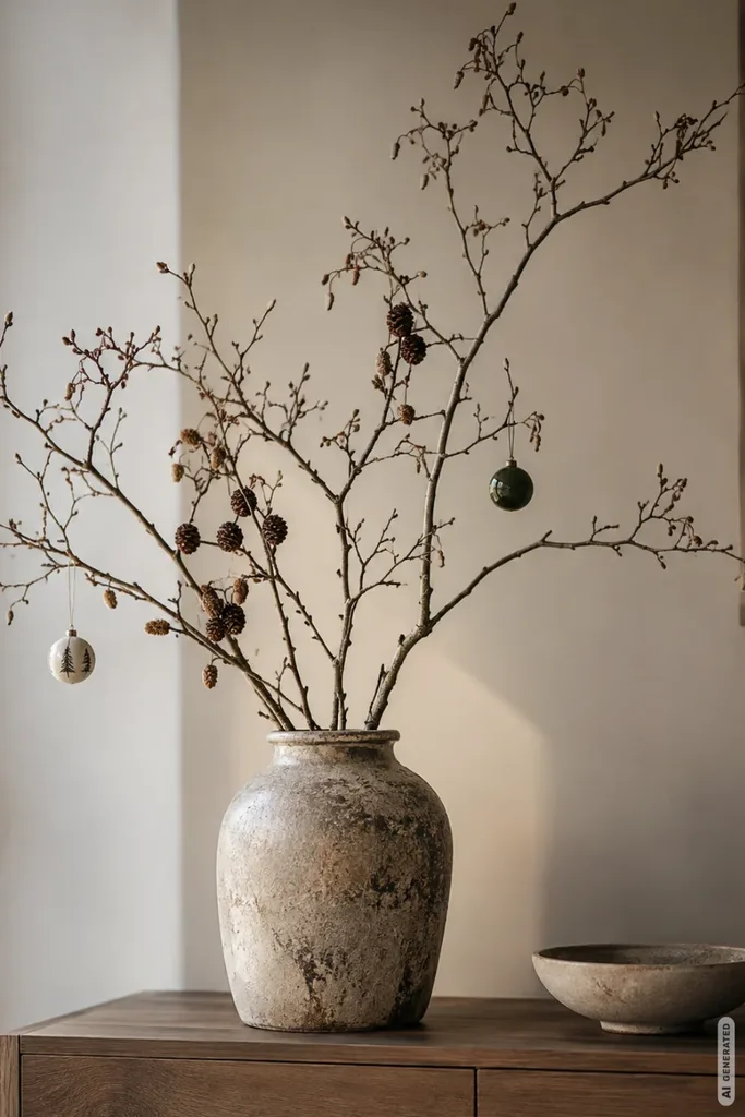 Große Keramikvase mit verzweigten Ästen, kleinen Weihnachtskugeln und Tannenzapfen auf einem Holzsideboard.