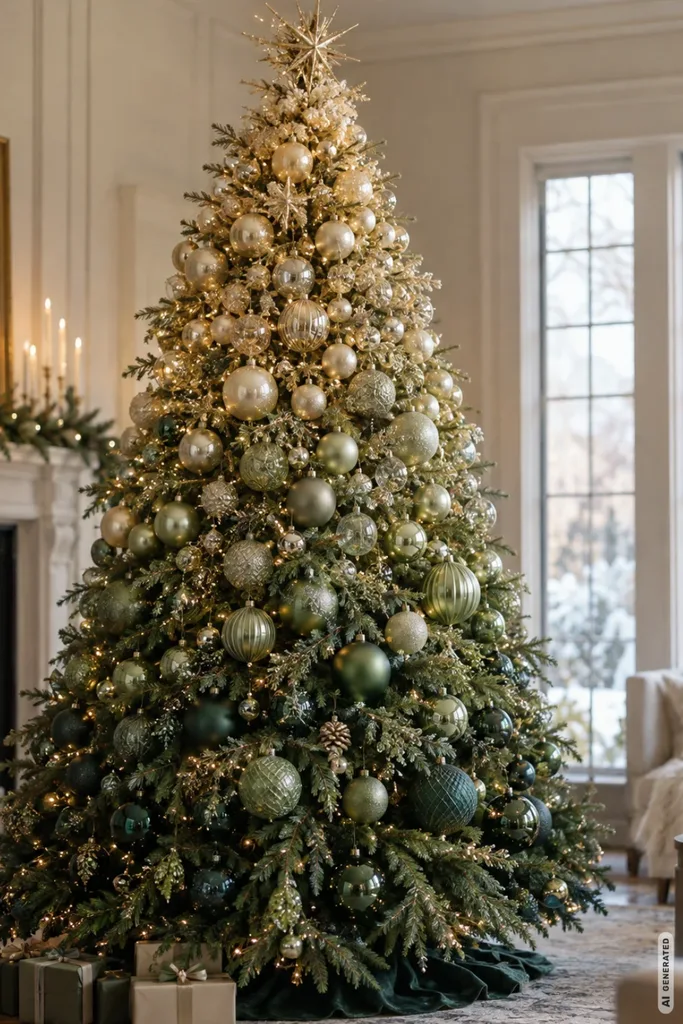 Weihnachtsbaum mal anders schmücken: 5 Ideen, die du so bestimmt noch nicht kennst Weihnachtsbaum mit Farbverlauf von Dunkelgrün über Salbeigrün bis Champagner in einem hellen Wohnzimmer.