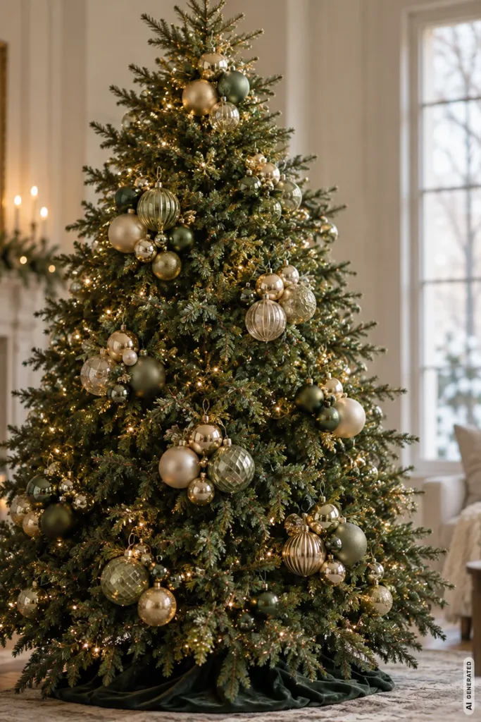 Weihnachtsbaum mal anders schmücken: 5 Ideen, die du so bestimmt noch nicht kennst Weihnachtsbaum mit gruppierten Kugeln in Grün, Gold und Champagner, zwischen denen natürliche Zweige sichtbar bleiben.