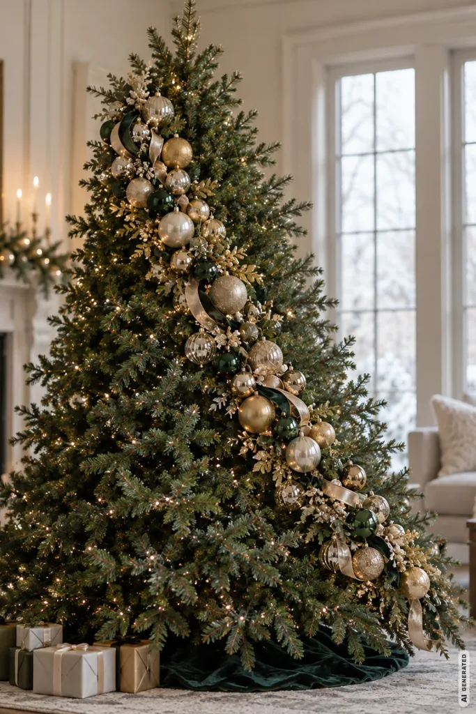 Weihnachtsbaum mal anders schmücken: 5 Ideen, die du so bestimmt noch nicht kennst Weihnachtsbaum mit diagonaler Schmuckbahn aus goldenen und grünen Kugeln, Bändern und freien Tannenzweigen.