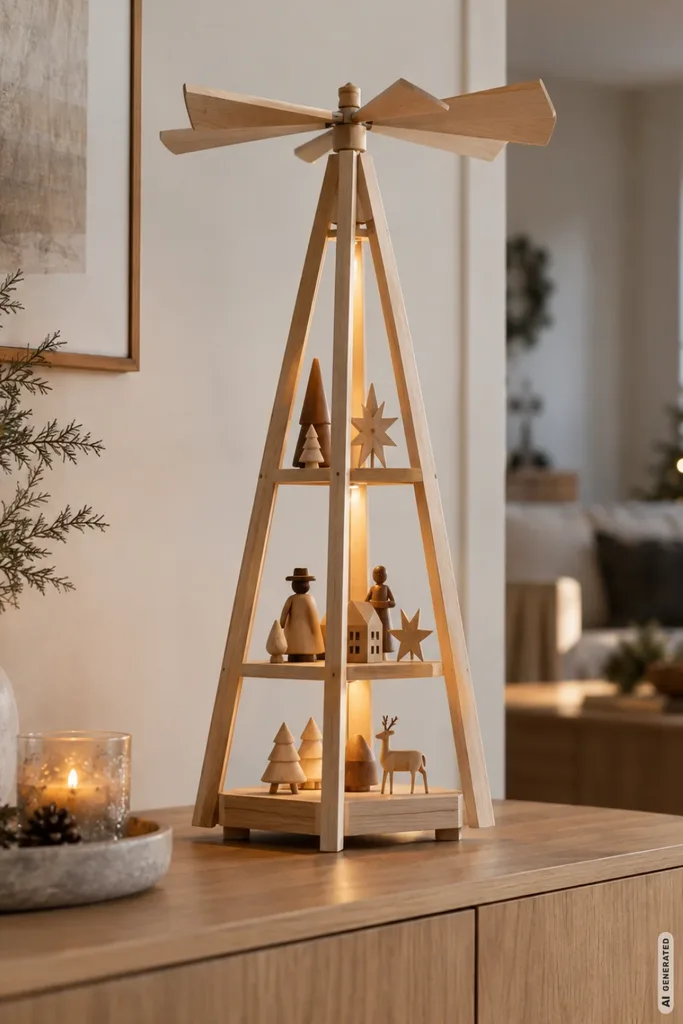 Weihnachtspyramide neu gedacht - 5 moderne Varianten des Weihnachtsklassikers Moderne offene Weihnachtspyramide aus Holzleisten auf einem Sideboard im hellen Wohnzimmer.
