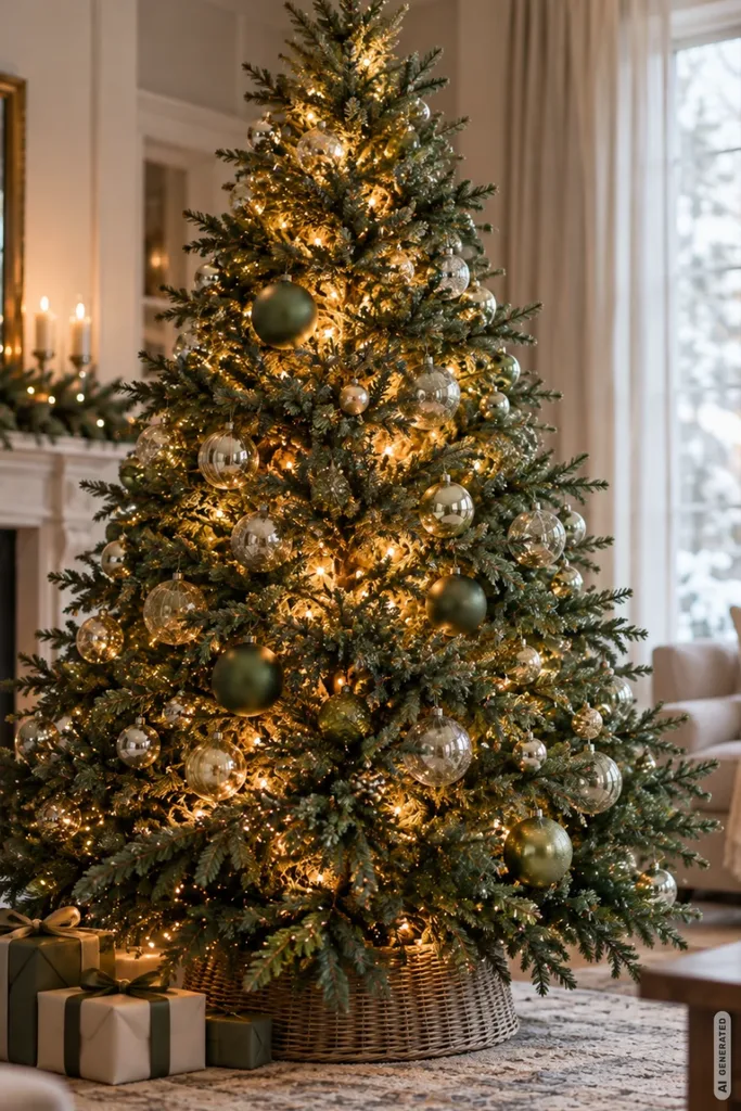 Weihnachtsbaum mal anders schmücken: 5 Ideen, die du so bestimmt noch nicht kennst Weihnachtsbaum mit warmweißen LED-Lichterketten zwischen den Zweigen und dezenten grünen und goldenen Kugeln.