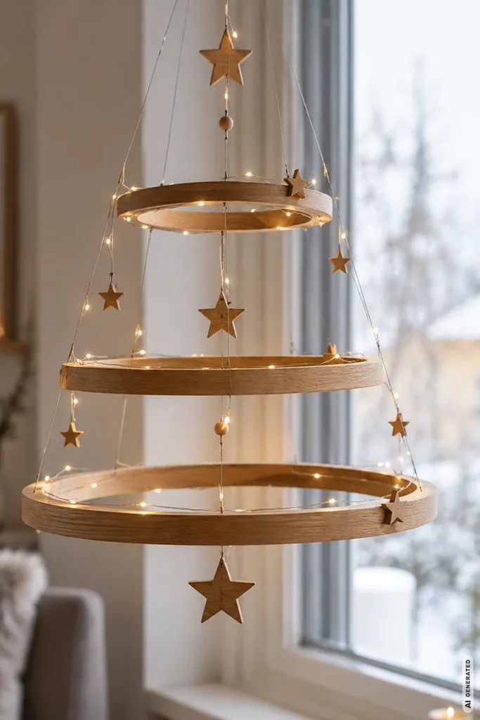 Weihnachtspyramide neu gedacht - 5 moderne Varianten des Weihnachtsklassikers Hängende Weihnachtspyramide aus Holzringen mit Sternen und Lichterkette vor einem Fenster.
